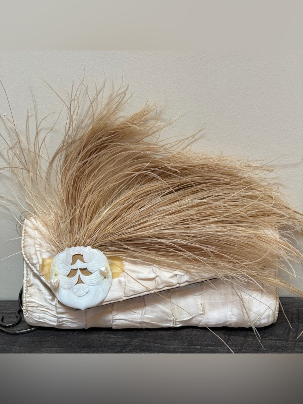 MOO ROO Feather Cream Beige Satin Evening Bag Envelope Clutch 2006
